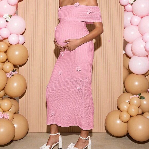 Pink Elegant Women's 3d Floral Off Shoulder Fitted Maternity Baby Dress - Picture 6 of 6